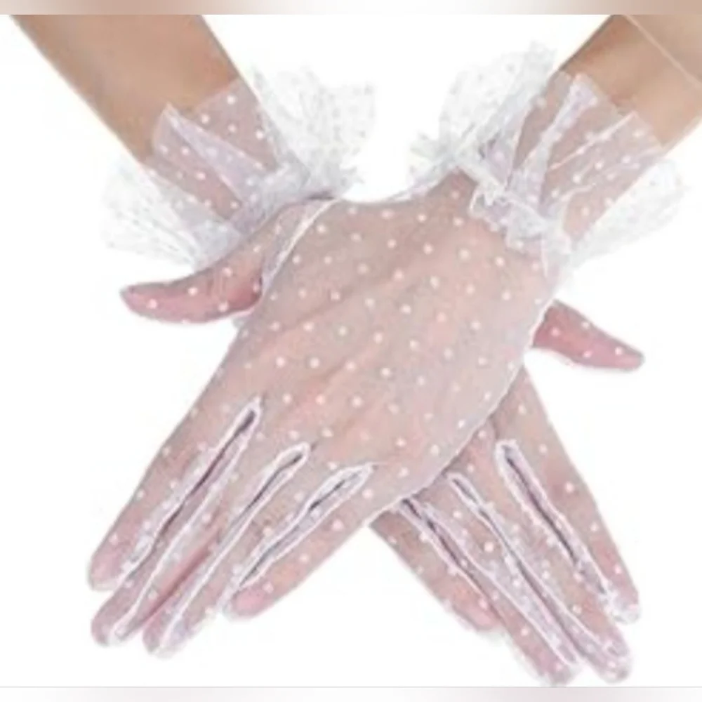 New Sheer Polka Dot Bridal Gloves White Tulle Mesh Ruffle Cosplay Dress Up Lace